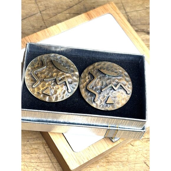 Vintage Brass Round Earrings With Geometric Tribal Design - Picture 1 of 6